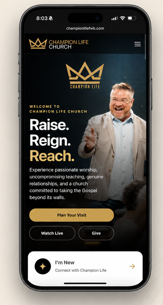 Champion Life Church mobile website shown on an iPhone 17 Pro Max