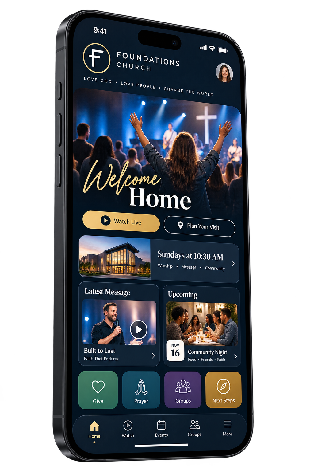 Premium custom Foundations Church app on an iPhone 17 Pro Max