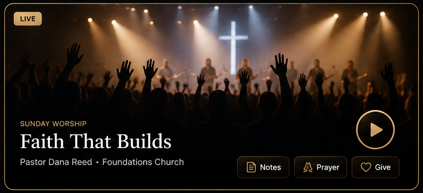 Foundations Church live worship media experience with sermon title, play control, notes, prayer and giving actions