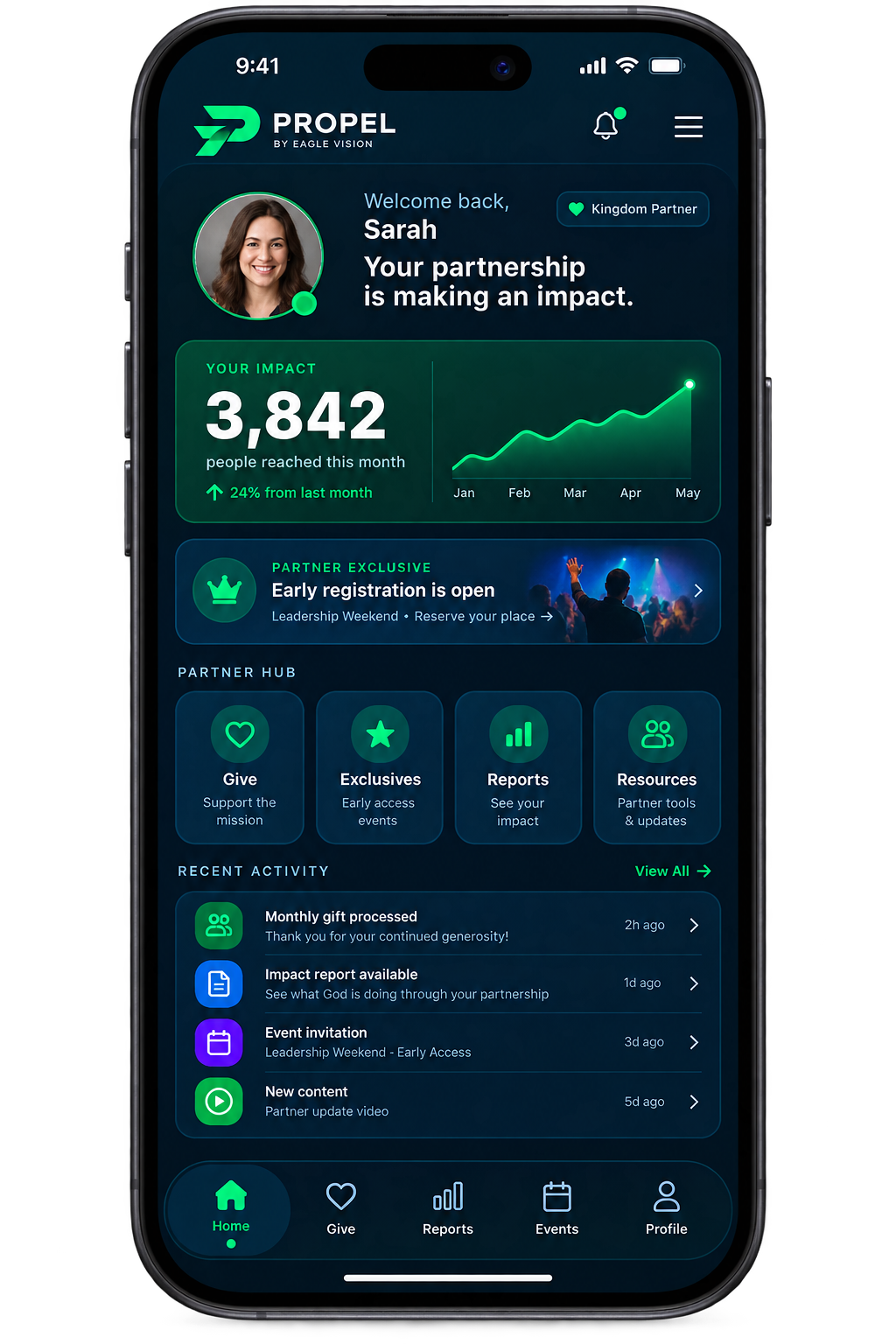 Propel Partner Platform mobile partner experience showing impact, partner exclusives, giving, reports, resources and recent activity